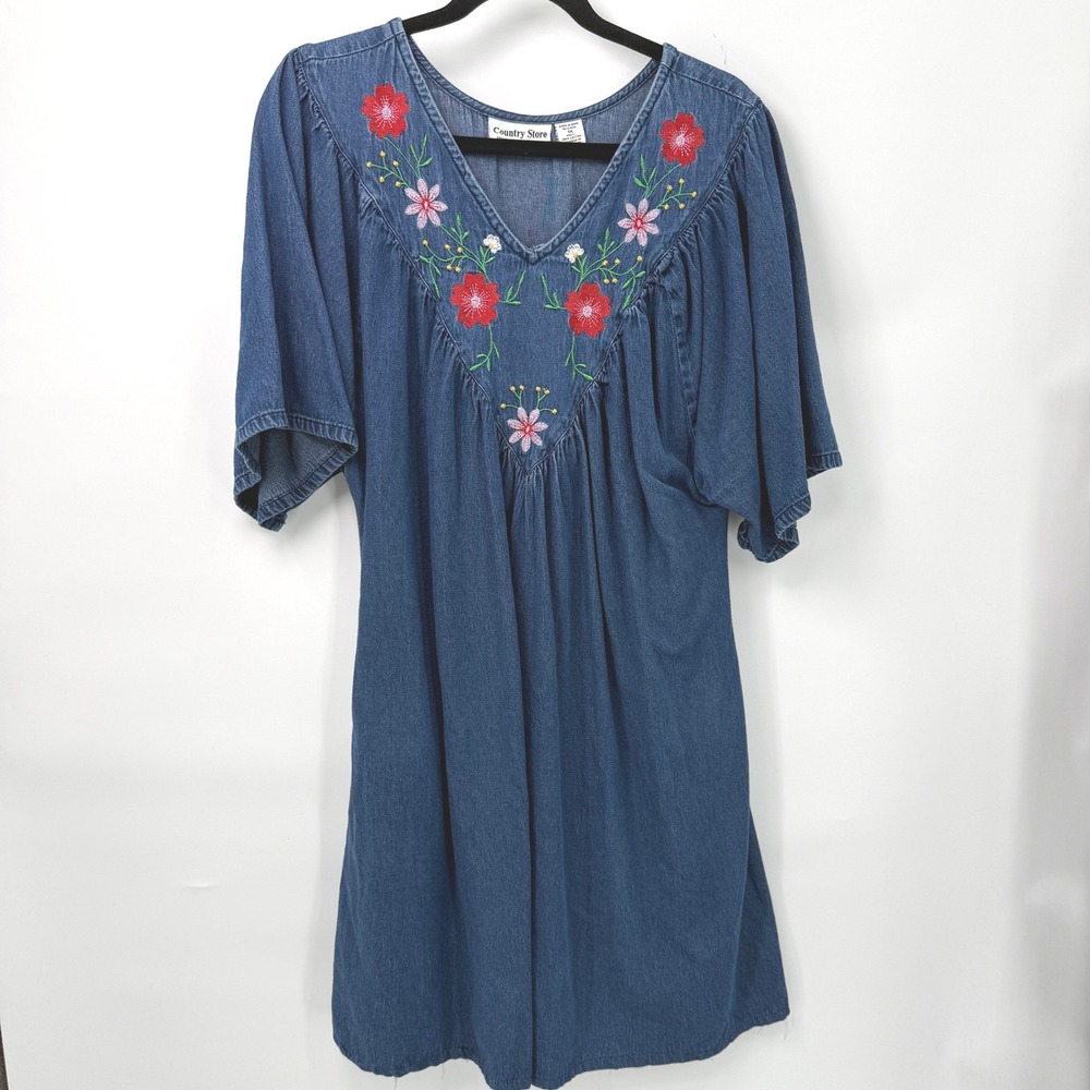 Country Store Denim Floral Embroidered Dress Womens 1X Flowy Boho Cottagecore - Picture 1 of 11